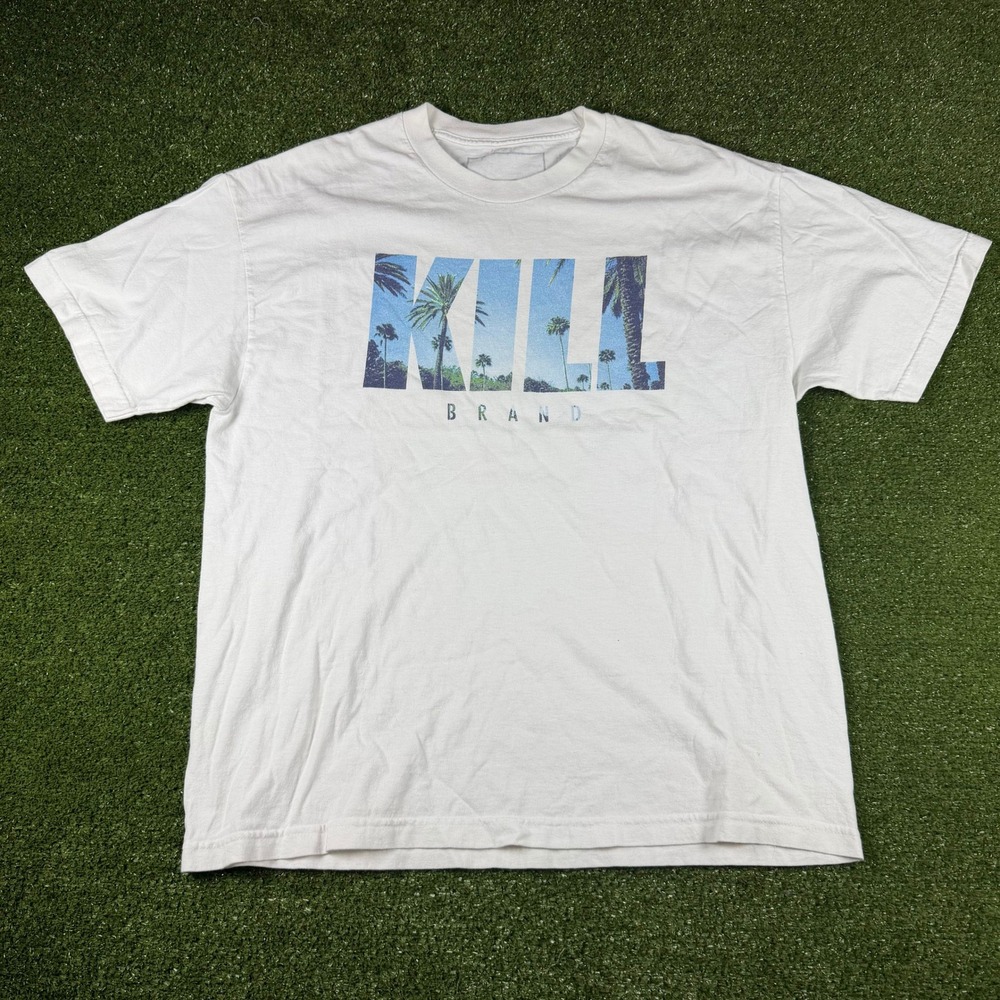 Kill Brand Mens Graphic T-Shirt White Palm Tree Logo XL Made in USA Streetwear